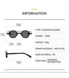 Detailed technical diagram of retro sunglasses showing frame dimensions and specifications