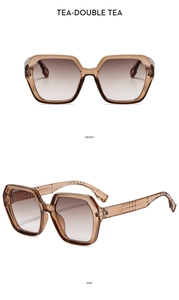 Front and side macro views of polygonal sunglasses with tea-double gradient lenses