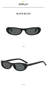 Front and 45-degree side views of vintage oval black sunglasses with glossy frames