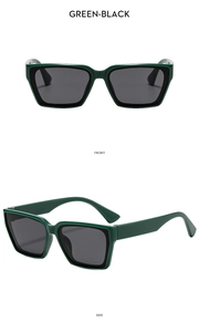 Front and side views of square dark green sunglasses with thick frames and black lenses
