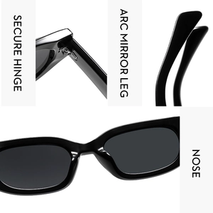Detail view of secure hinges, ergonomic arc legs and integrated nose pads of sunglasses