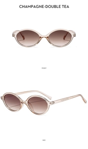 Vorder- und Seitenansicht der ovalen champagnerfarbenen Sonnenbrille mit Teeglas-Verlauf