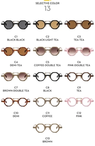 Matrix display of vintage round and polygon sunglasses in thirteen assorted colors