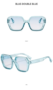 Front and side view of trendy blue transparent hexagonal sunglasses with blue lenses