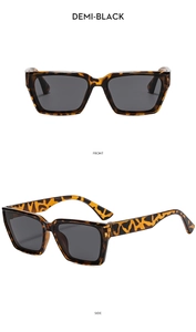 Front and side views of square sunglasses in demi-black tortoiseshell finish