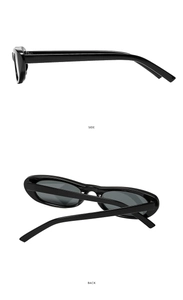 Side and back view of sleek black oval sunglasses with glossy finish and streamlined temples