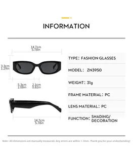 Detailed size specifications for vintage narrow frame sunglasses with dimensions