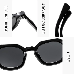 Detailansicht der polygonalen Sonnenbrille mit Scharnieren und ergonomischen Bügeln