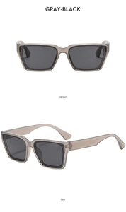 Front and side views of square gray-black sunglasses with dark lenses and transparent frame