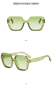 Detailed front and side views of oversized translucent green polygonal sunglasses