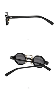 Side and back view of retro hip-hop sunglasses with thick frames and gold metal bridge