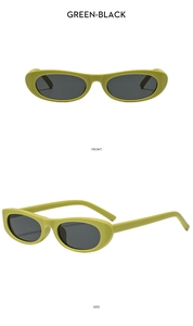 Detailed front and side view of lime green oversized oval sunglasses with black lenses