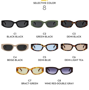 Selection of eight retro rectangle sunglasses in various fashion colors and finishes