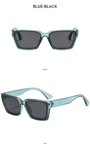 Front and side views of square blue-black translucent sunglasses with grey lenses