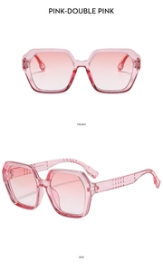 Front and side views of pink geometric sunglasses with gradient lenses and textured arms