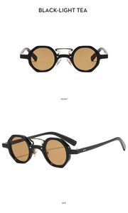 Detail of vintage hip-hop sunglasses with black frame and light tea lenses, front and side views