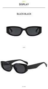 Front and 45-degree side views of vintage thick black frame sunglasses with dark lenses
