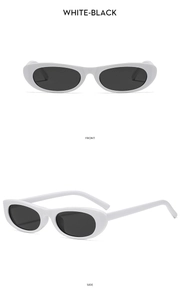 Front and side view of white oval sunglasses with black lenses on white background