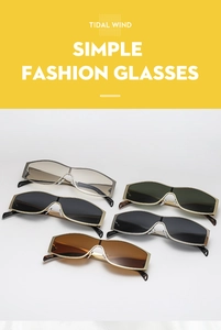 Close-up of stylish wrap-around metal sunglasses in gradient gray, green, and amber colors
