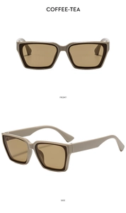 Front and side views of rectangular sunglasses in coffee-tea lenses and beige frame