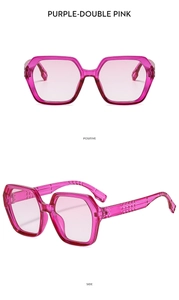 Detail view of purple geometric sunglasses with textured arms and gradient pink lenses