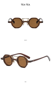 Detailed view of tea-colored polygonal sunglasses with metal nose bridge and frame