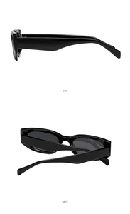 Detailed side and back view of black chunky frame sunglasses with wide temples