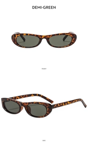 Front and side views of tortoise shell oval sunglasses with green lenses and frame texture