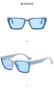 Front and side views of rectangular blue-blue sunglasses with transparent lenses