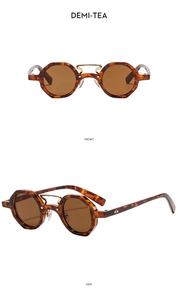 Detailed front and side views of vintage demi-tea round sunglasses with golden double bridge