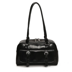 Black oil-wax leather shoulder bag for women, trendy commuter pillow bag with double straps.