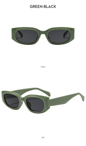 Front and side views of chunky green rectangular sunglasses with dark lenses