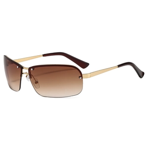 Fashionable rimless Y2K sunglasses with brown gradient lenses and slim gold metal frame