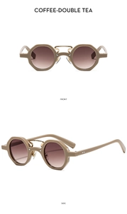 Detailed views of coffee polygon sunglasses with double bridge and gradient lenses
