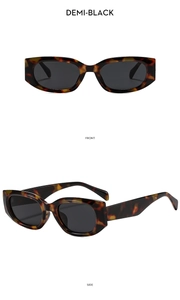 Front and side views of Demi-Black tortoiseshell retro sunglasses with dark grey lenses
