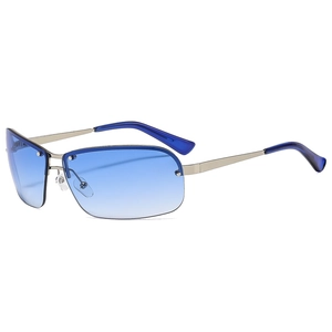 Frameless Y2K sunglasses with blue gradient lenses and sleek silver metal frames