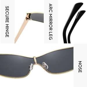 Detail view of gold metal sunglasses showing secure hinge, arc legs, and adjustable nose pads