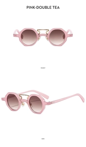 Front and side views of pink translucent sunglasses with brown gradient lenses