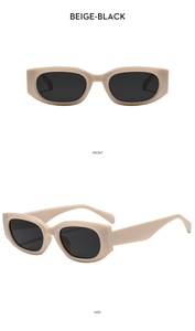 Front and side views of vintage beige oval sunglasses with dark black lenses