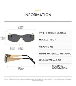 Detailed dimensions of oversized wrap metal sunglasses with frame width and lens height