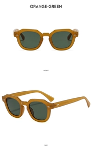 Detailsicht der orange-grünen polygonalen Sonnenbrille mit Nieten und grünen Gläsern