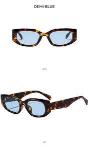 Front and side views of narrow demi frame sunglasses with blue transparent lenses