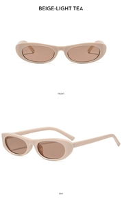 Front and side view of oval cat-eye sunglasses in beige with light tea lenses