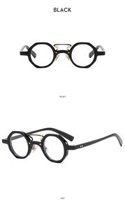 Front and side views of vintage hip-hop sunglasses with black geometric frames and gold bridge