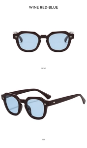 Vorder- und Seitenansicht der weinroten Polygon-Sonnenbrille mit blau getönten Gläsern
