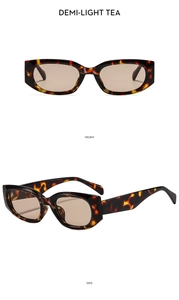 Detail view of tortoiseshell sunglasses featuring narrow frames and light tea lenses