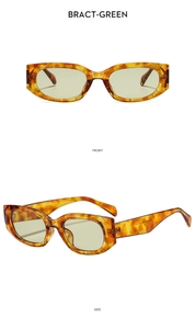 Front and side view of retro rectangular sunglasses with tortoiseshell frames and green lenses