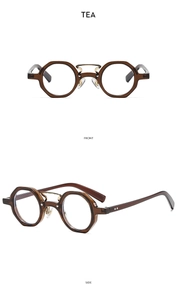 Detail view of tea-colored vintage thick frame sunglasses with metal nose bridge and accents