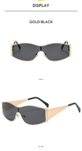 Front and 45-degree side views of gold-black metallic oversized cycling sunglasses