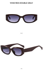 Front and side views of wine red rectangle sunglasses with double gray gradient lenses